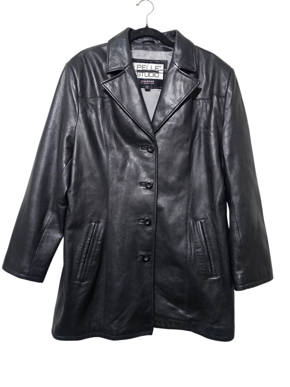 Wilsons Pelle Studio Black Leather Button-Front Coat